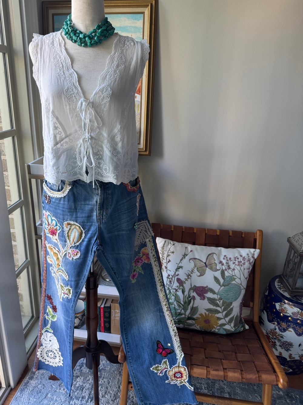 Handmade Embroidered BOHO Blue Denim Wide-Leg Jeans with Floral & Lace Details